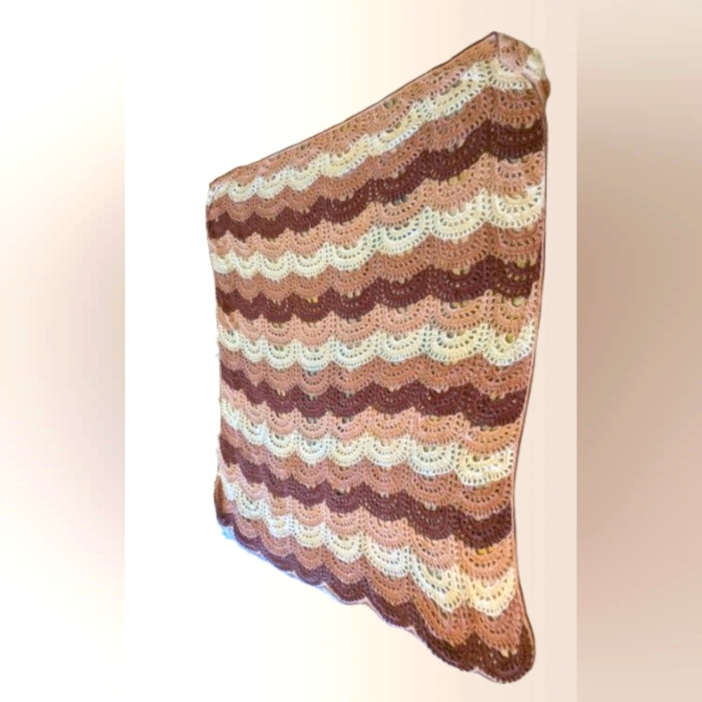 Vintage 70s Knit Scallop Arch Chevron Blanket Afghan Brown Tan Cream
